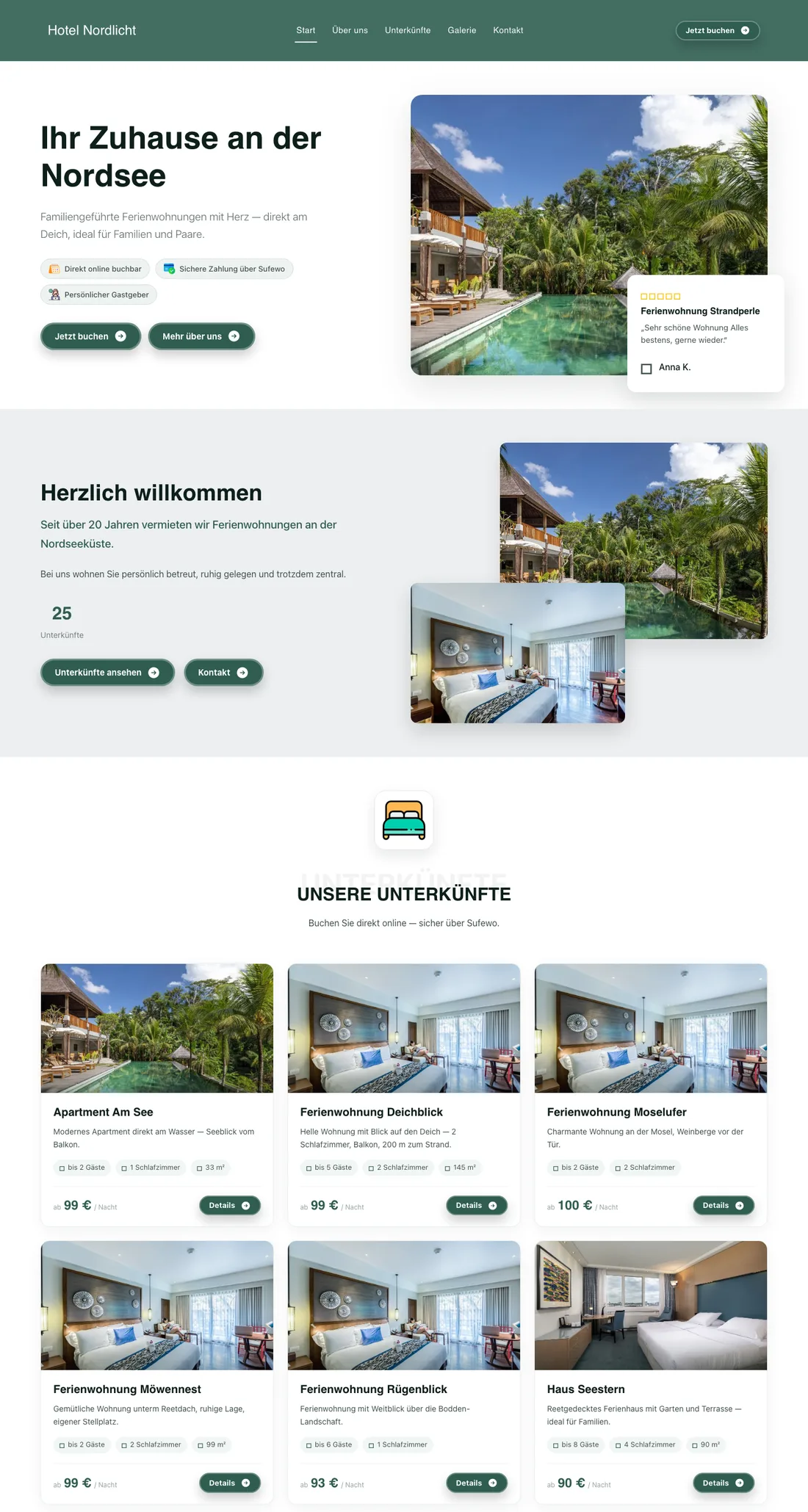 Beispiel-Website eines Vermieters auf Sufewo — Startseite
