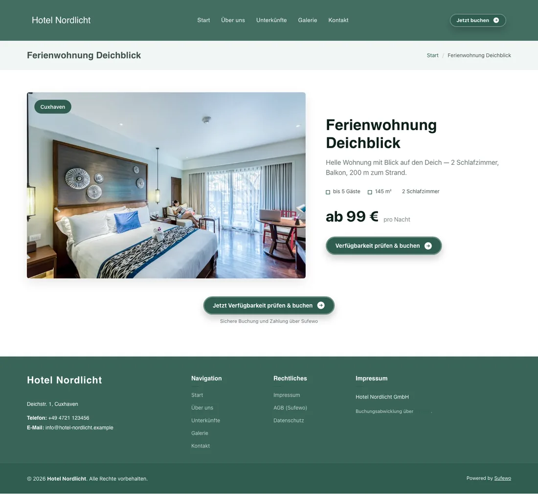 Beispiel-Website — Detailseite einer Ferienwohnung mit Direktbuchung