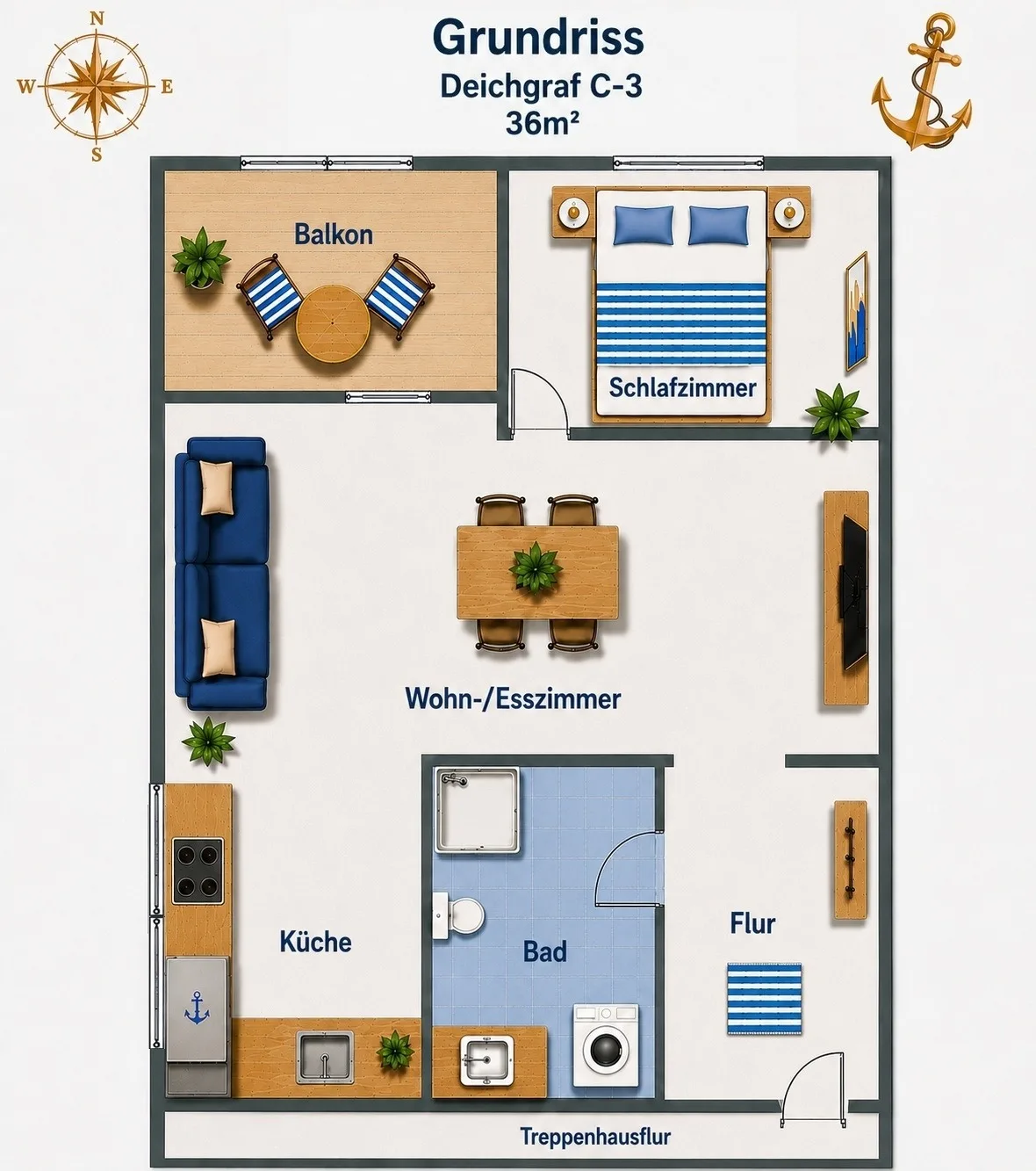 3-Sterne Ferienwohnung Deichgraf  C-3, Nordsee Burhave mit Balkon, Parkplatz, Pool & Sauna, WLAN