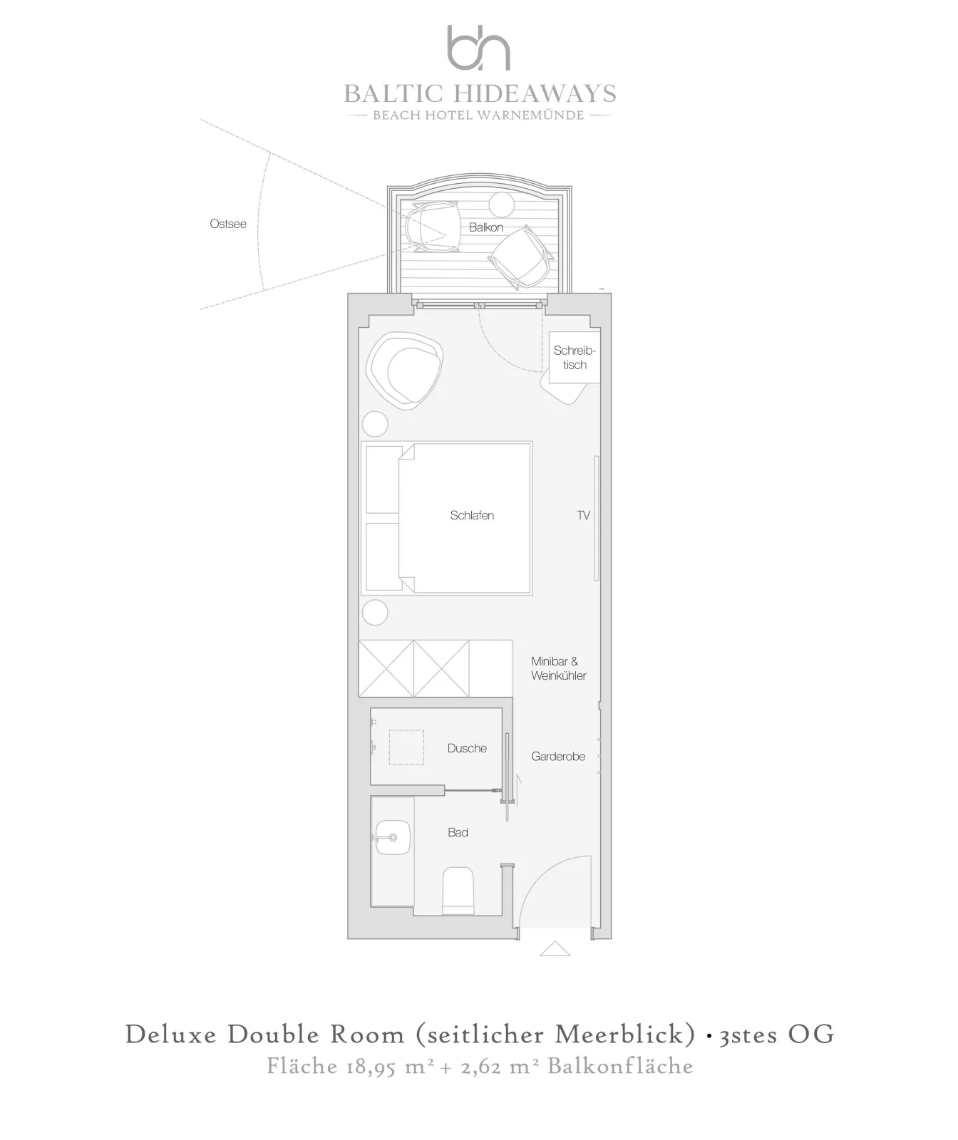 Baltic Hideaway Beach Hotel Warnemünde - Deluxe Double Room mit seitlichem Meerblick, Balkon
