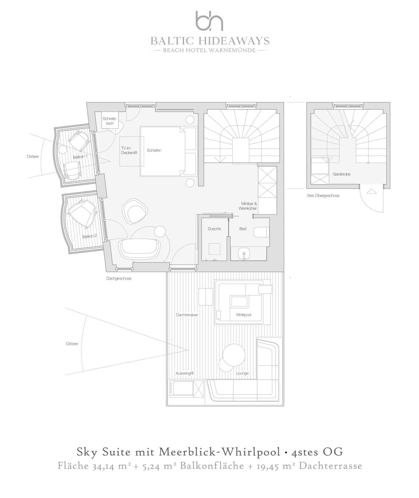 Baltic Hideaway Beach Hotel Warnemünde - Sky Suite mit Dachterrasse und Meerblick-Whirlpool