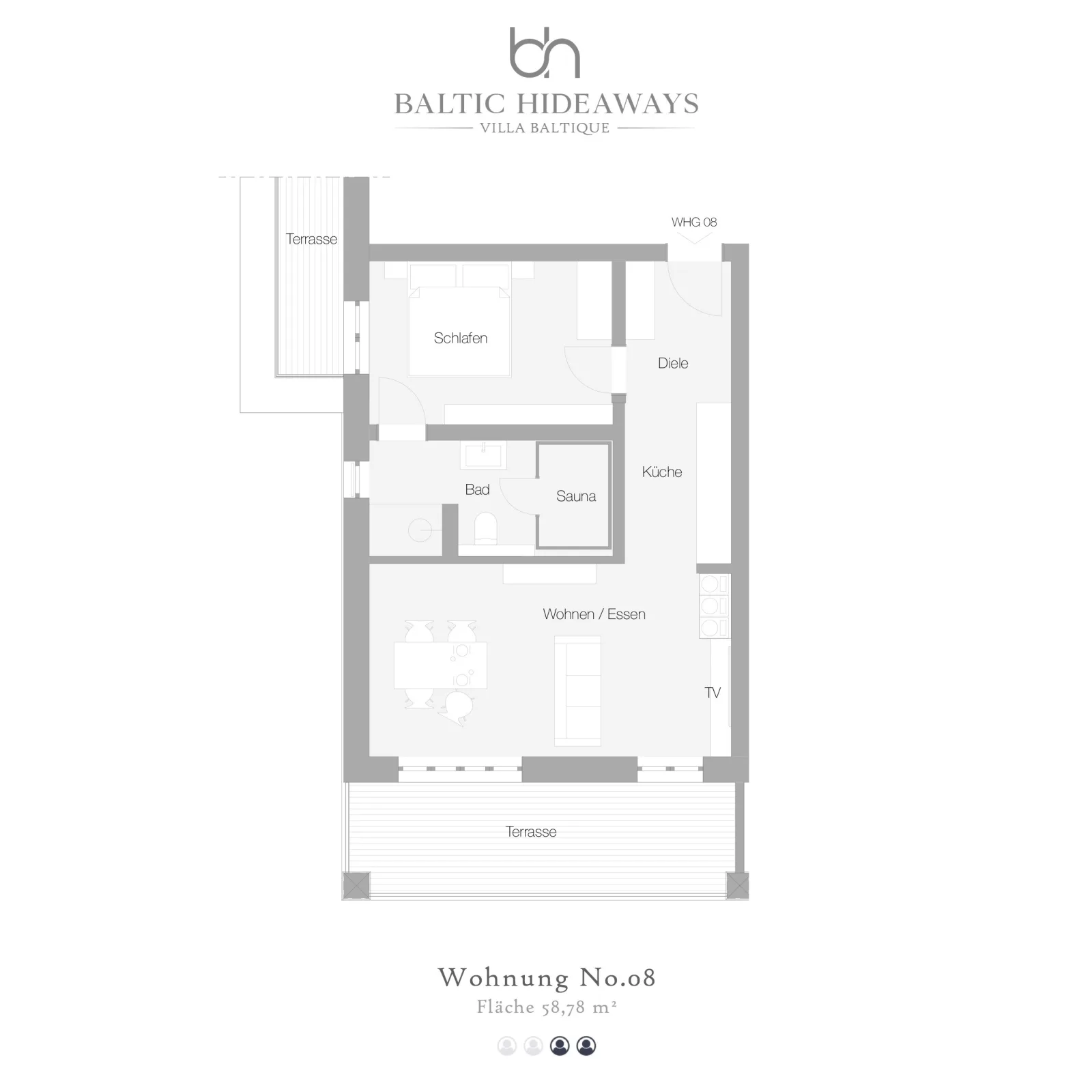 Sunseeker - Wellness-Suite Premium, Villa Baltique, Private Design Sauna, zwei Balkone, Kamin, vollausgestattete Küche