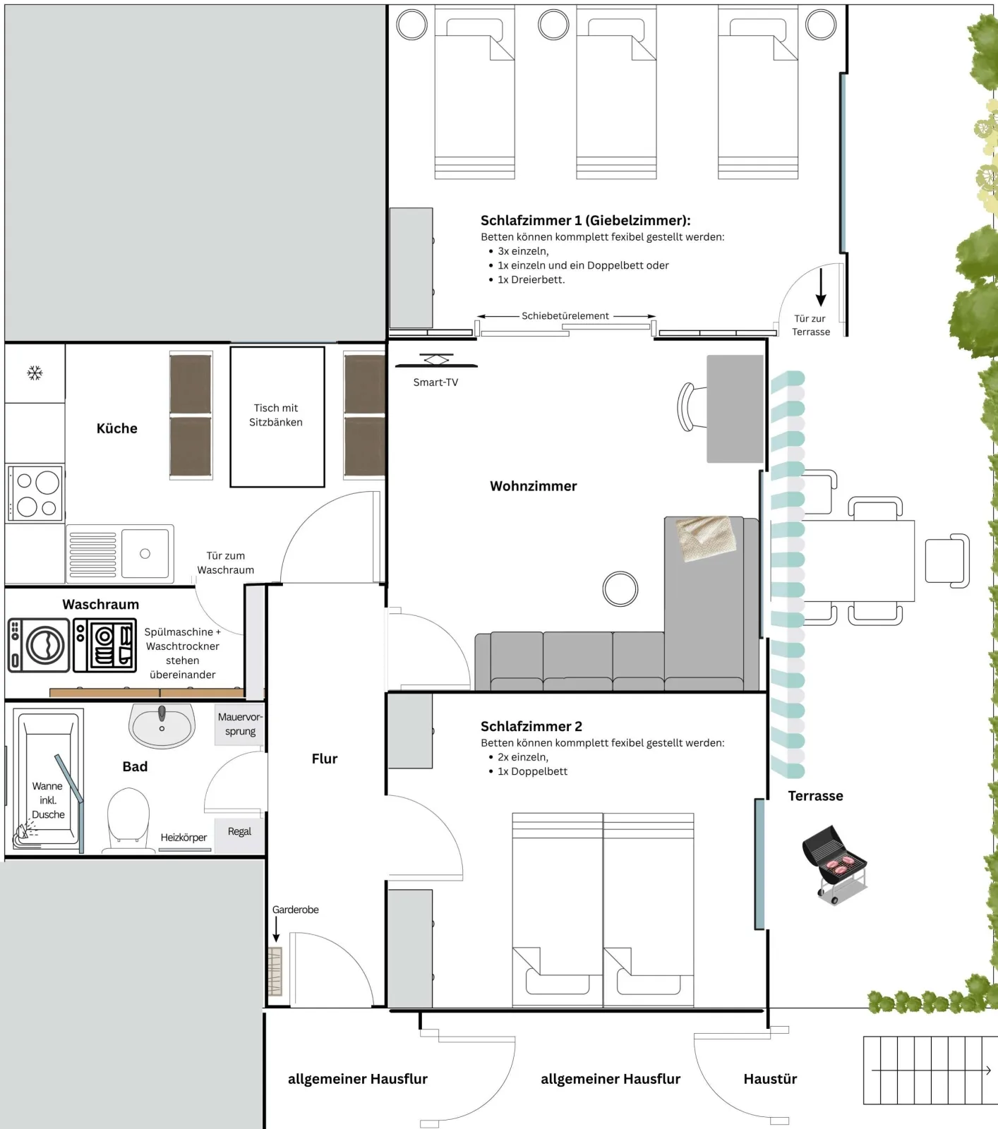 Ruhige Fewo "Giebelzauber" – 2 Schlafzimmer, eigene Terrasse, WLAN, Waschtrockner & kostenlose Parkplätze
